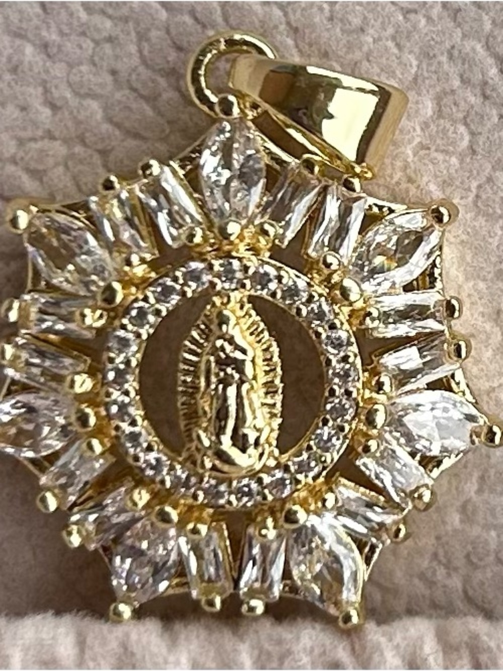 Gold plated Virgin Mary Sunburst Pendant with Clear CZ Stones - NWOT